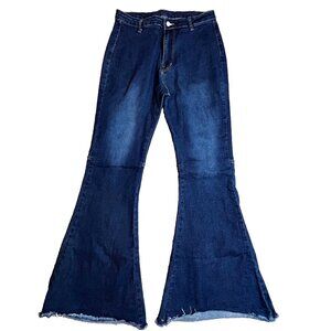 Women's High Waist Dark Denim Bell Bottoms Flare Jeans Stretchy 70s Retro Hippie